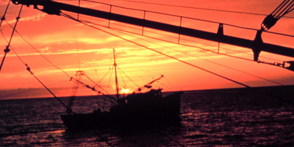 Sunset with a vessel at sea