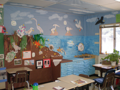 a classroom decorated in wetlands theme