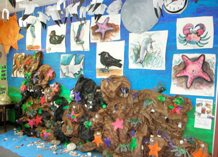 Student artwork of coastal animals and their habitats