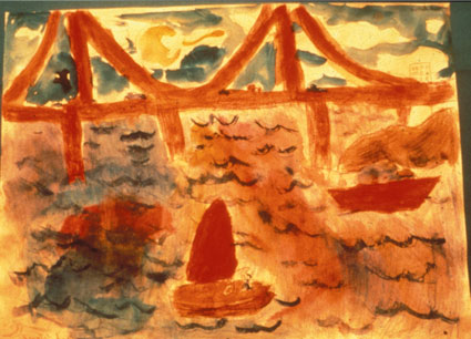 Student artwork of boats, the ocean, a bridge