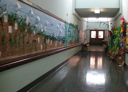School hallway decorated with student work